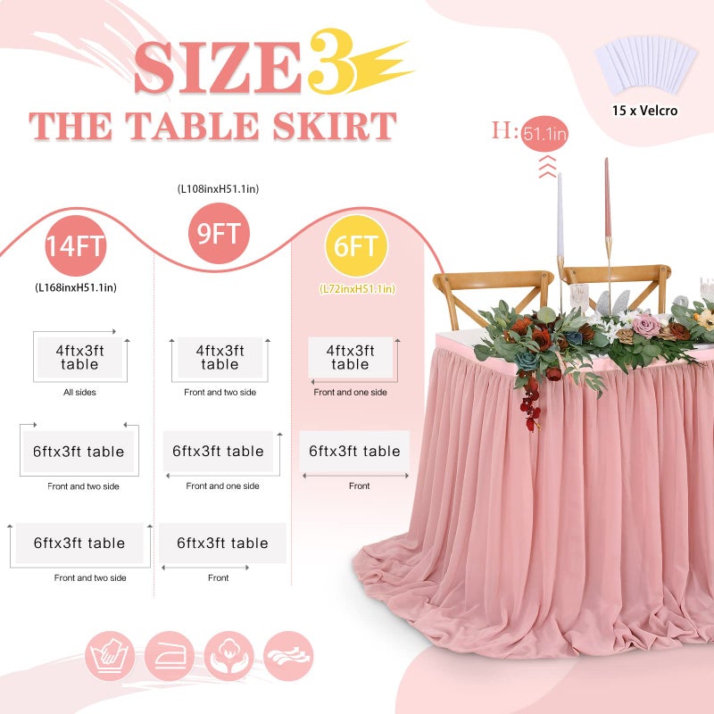 QueenDream Chiffon Table Skirt Dusty Rose 9ft Sheer Tablecloth for Wedding Sweetheart Table Party Table Decoration Rectangle Tables or Round Tables - Image 4